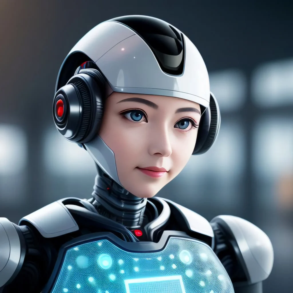 Usos de IA en PYMES. Imagen de una IA femenina con aspectos de androide, robot, de tipo animación, con casco y armadura.